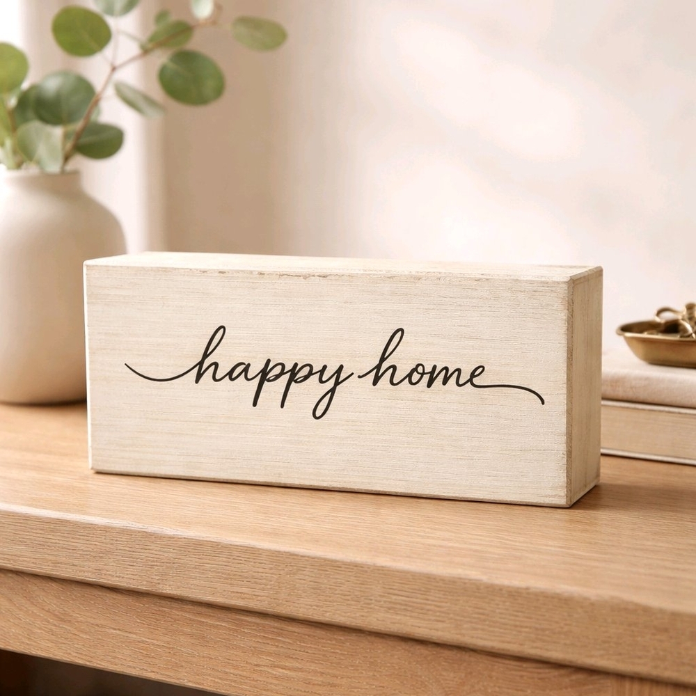 Happy Home White Distressed Tabletop Block Decor New